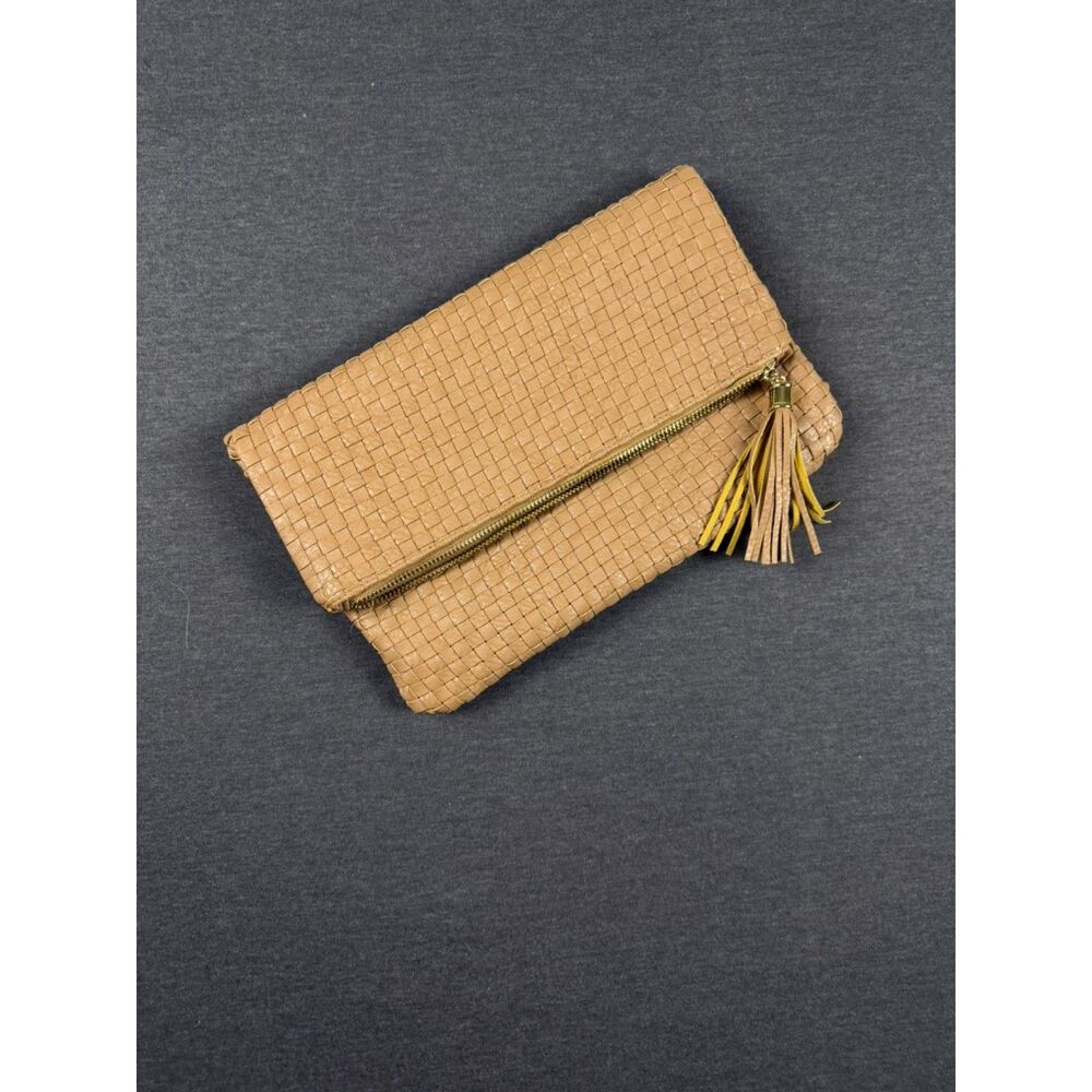 MMS Design Studio Brown Woven Foldover Clutch Tassel Zip Handbag